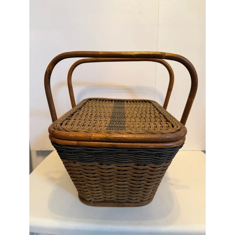 Vintage Woven Wicker Picnic Basket Two Tone Brown Hinged Lid Wood Base Handles